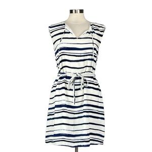 Zapa Paris Womens Blue White Stripe Dress Tie Neck Cap Sleeve Belted size 6